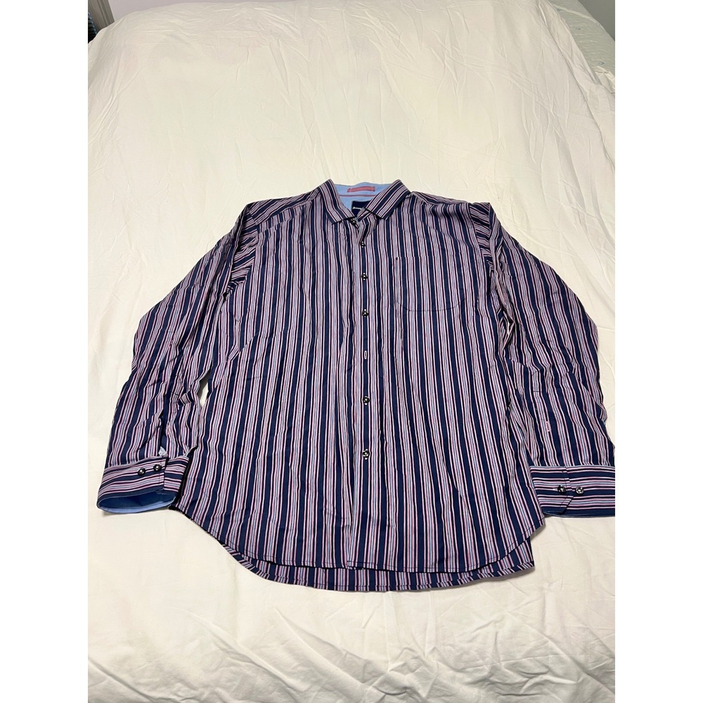 Tommy Bahama Mens Large Vertical Stripe Button Down Shirt Navy Pink Blue Cotton